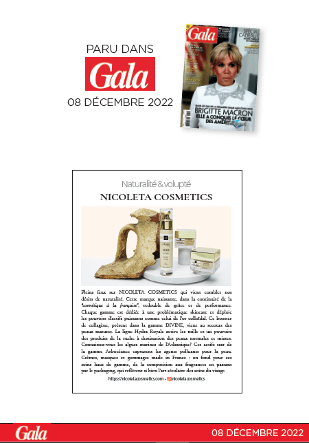 Logo article du magazine Gala mentionnant Nicoleta Cosmetics et ses soins visage naturels